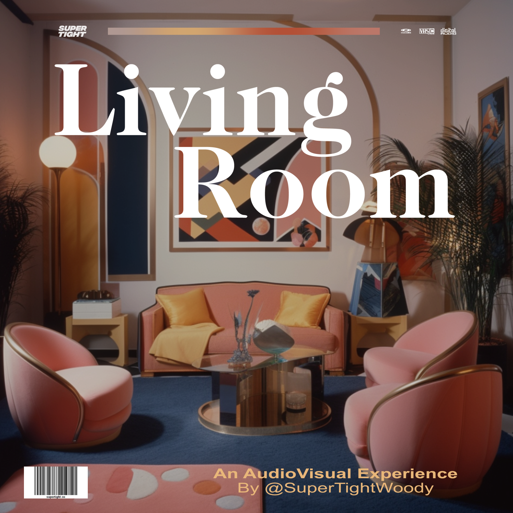 Living Room album cover — art deco living room with pink chairs and blue carpet